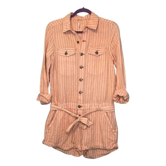 Free People Yarn Dye Stripe Linen Blend Belted Romper Pink Black Long Sleeve Sho - Picture 3 of 9